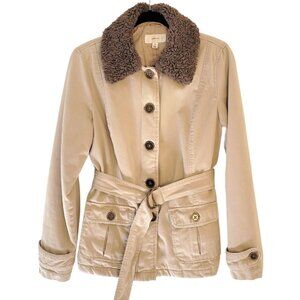 Y2K Belted Khaki Button-Up Jacket Pockets Removable Shearling Collar size medium